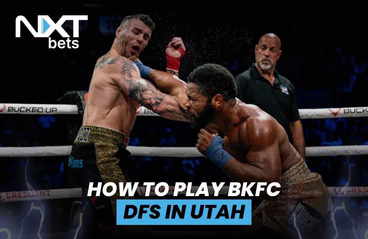 Two fighters exchanging powerful strikes during a BKFC match, with bold text overlay reading 'How to Play BKFC DFS in Utah,' emphasizing bare-knuckle excitement and fantasy sports opportunities.