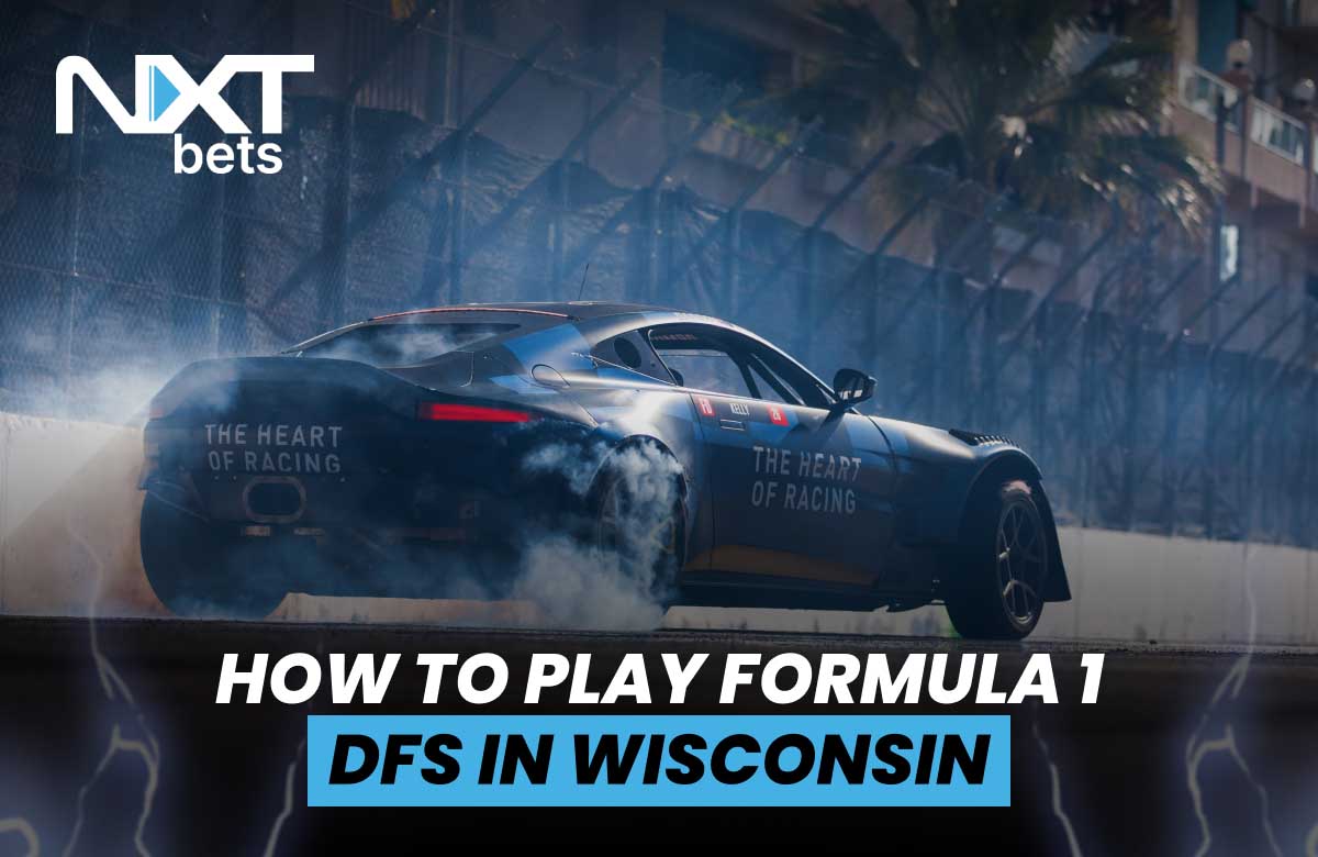 A sleek blue race car drifts on a racetrack, creating tire smoke, with "The Heart of Racing" written on its side. Bold text reads, "How to Play Formula 1 DFS in Wisconsin," promoting F1 fantasy sports.