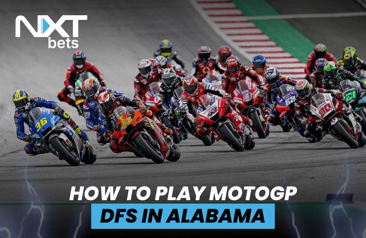 A group of MotoGP riders leans into a turn on a racetrack. The image features the NXTbets logo and the text 'How to Play MotoGP DFS in Alabama,' highlighting DFS opportunities in the state.