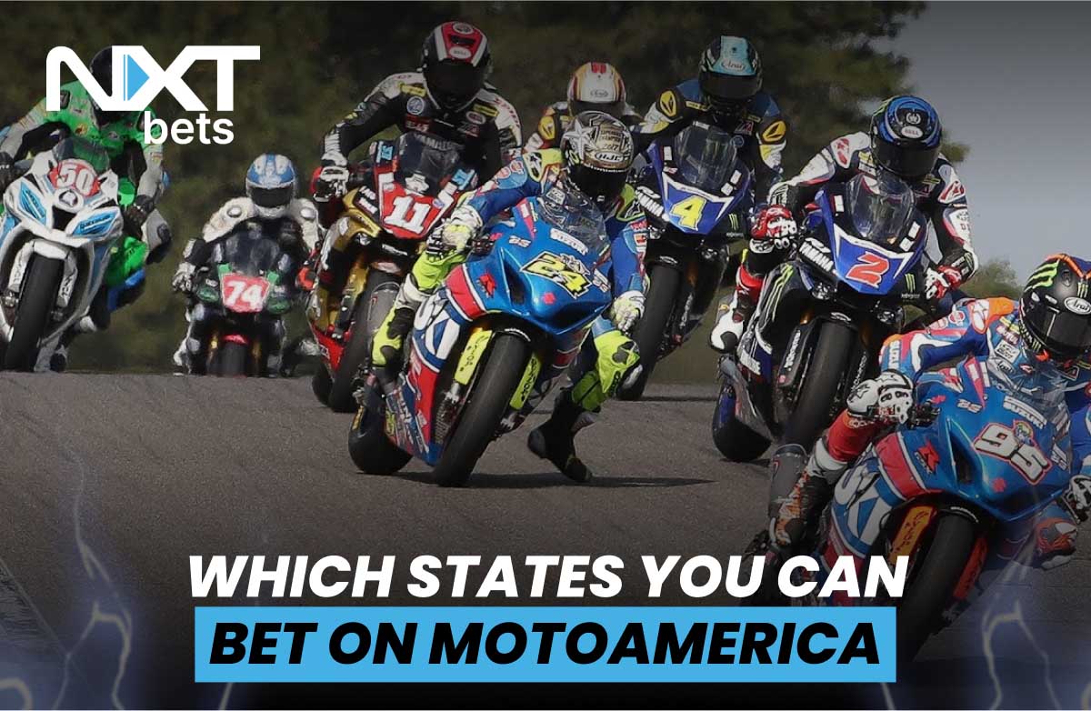 Group of professional motorcycle racers competing in a MotoAmerica race, featured in a guide about which U.S. states allow legal betting on MotoAmerica events, by NXTbets.