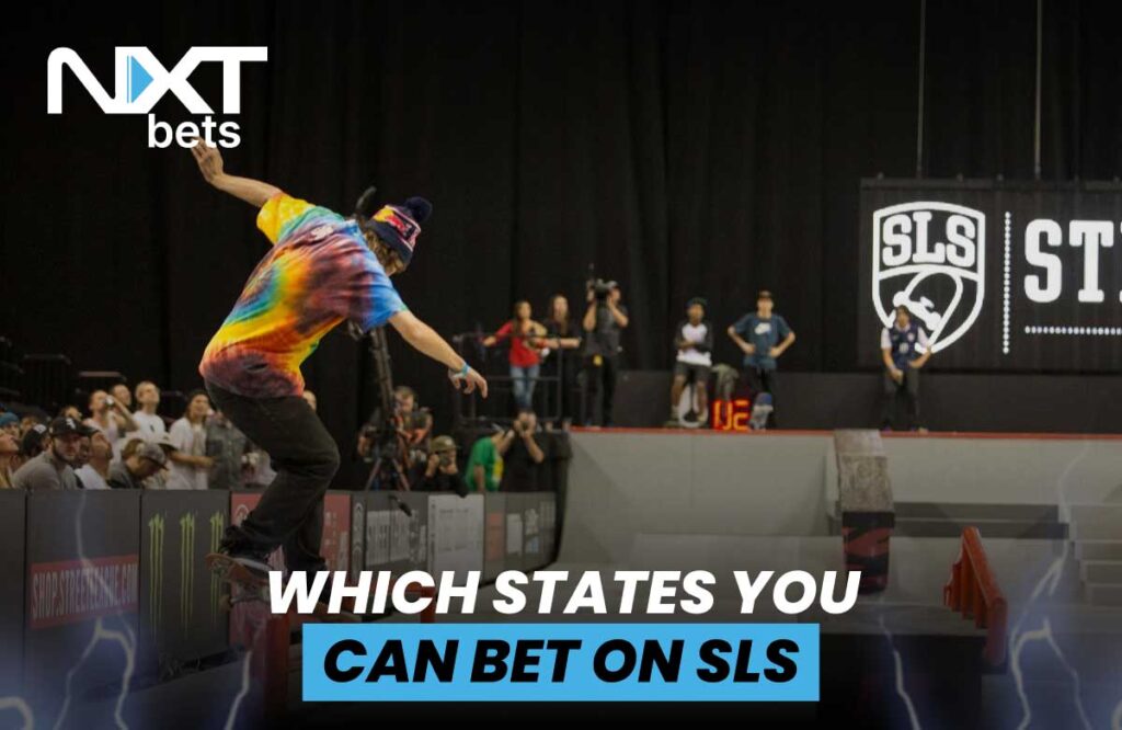 A skateboarder in a tie-dye shirt performs a trick during a Street League Skateboarding (SLS) event, illustrating the excitement of competitive skateboarding and legal betting options by state.