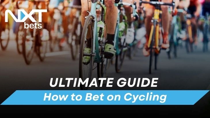 Cyclists racing in a peloton with text overlay promoting a guide on betting strategies for professional cycling.