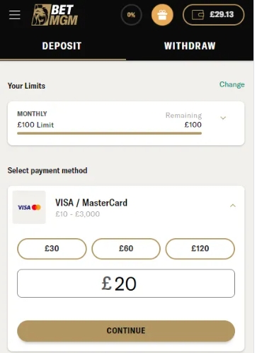 BetMGM deposit page shows monthly limit settings & payment options with amounts for completing the first account deposit.