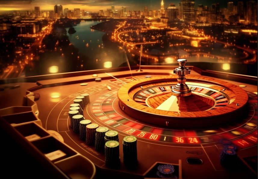A roulette table with chips and a city skyline in the background, symbolizing BetMGM Casino gameplay and bonus opportunities.