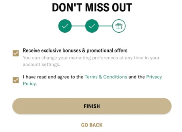 BetMGM confirmation with marketing preferences & required agreement checkboxes, before completing account verification.